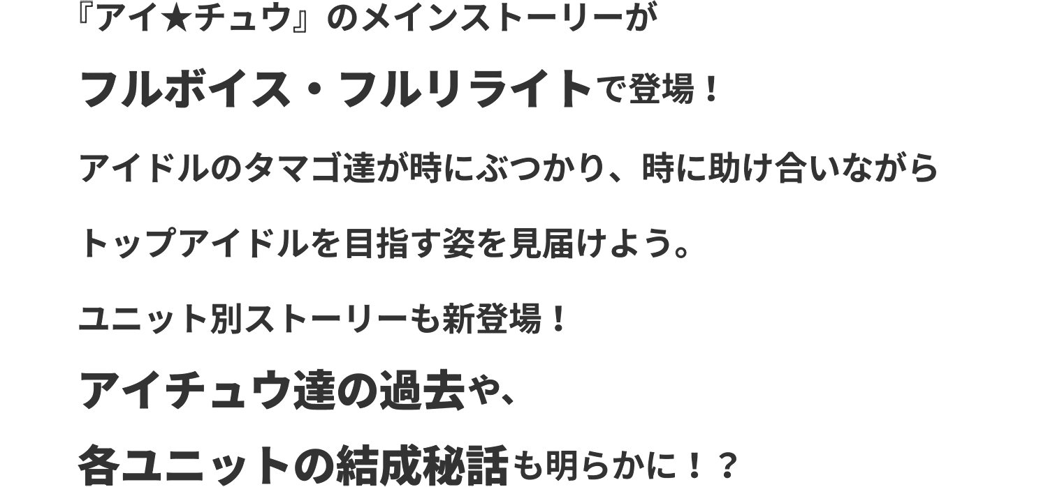 アイ★チュウのメインストーリーがフルボイス・フルリライトで登場！アイドルのタマゴ達がときにぶつかり、時に助け合いながらトップアイドルを目指す姿を見届けよう。ユニット別ストーリーも新登場！アイチュウ達の過去や、各ユニットの結成秘話も明らかに！？